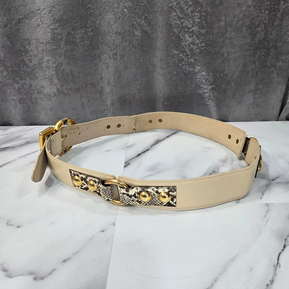 Vtg Avignon Leather Belt M Cream Snakeskin Print Gold Studs Western Cowboy Boho